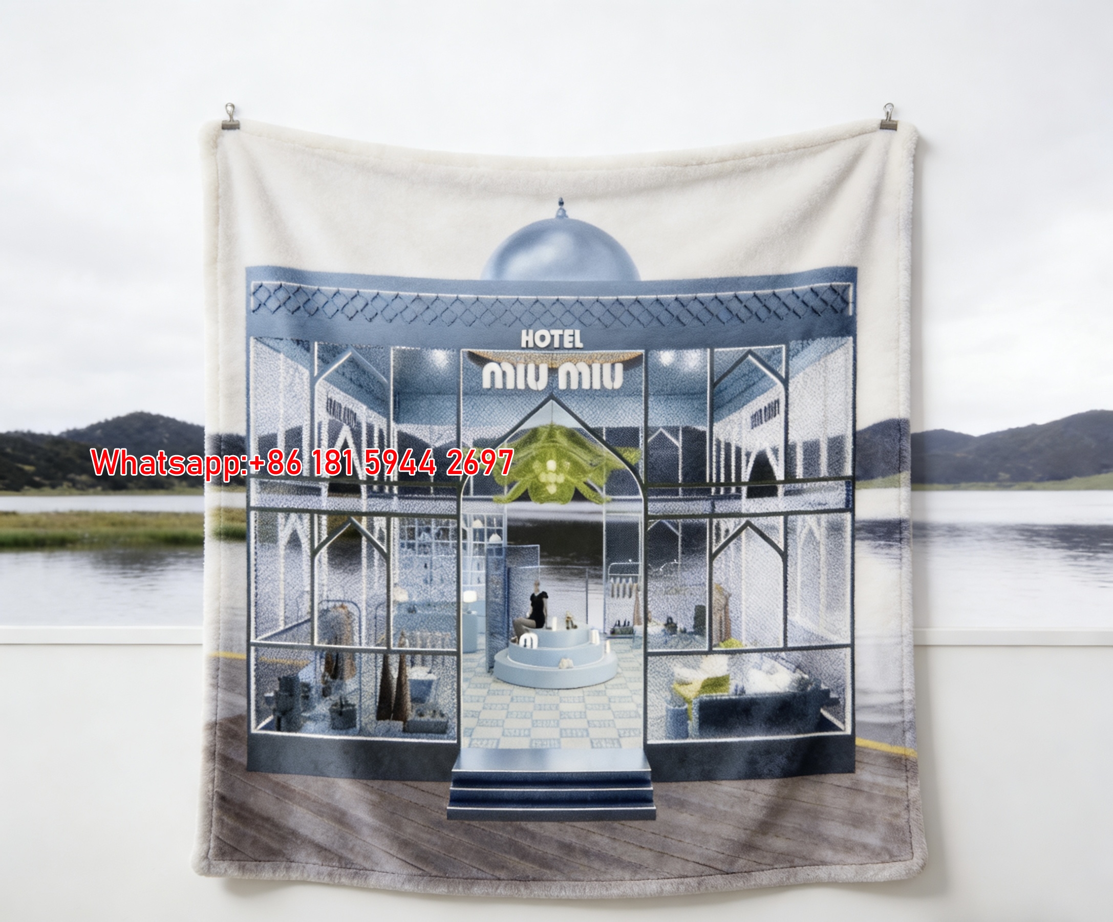 Miu Miu Silver Blue Lakeside Hotel Pop-Up Print Flannel Sofa Throw Blanket IMG_0525